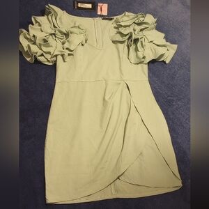 PRETTYLITTLETHINGS, Safe green frill sleeve v-neck bodycon dress, Size 10